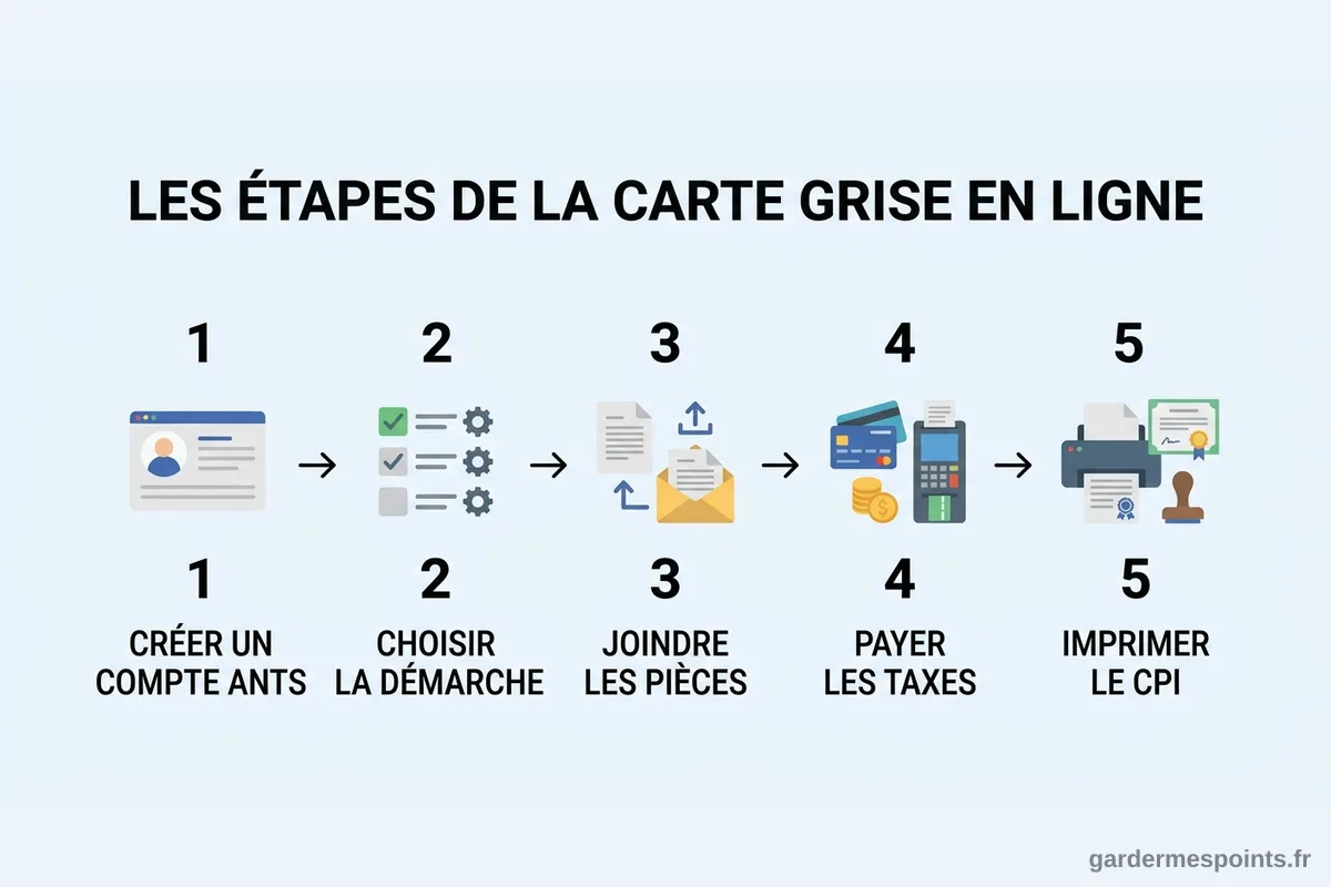 Infographie des cinq etapes de la carte grise en ligne sur le site de l'ANTS