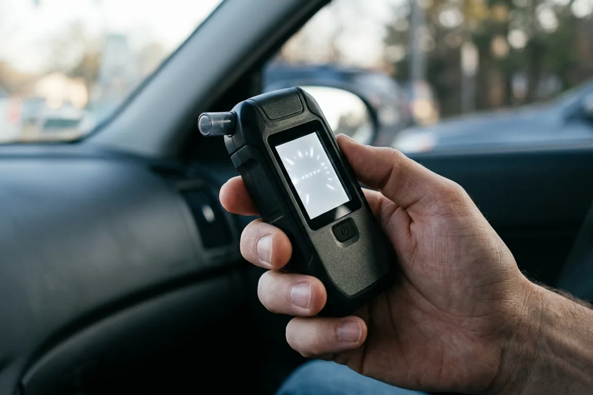 Éthylotest électronique tenu dans une main à l'intérieur d'une voiture