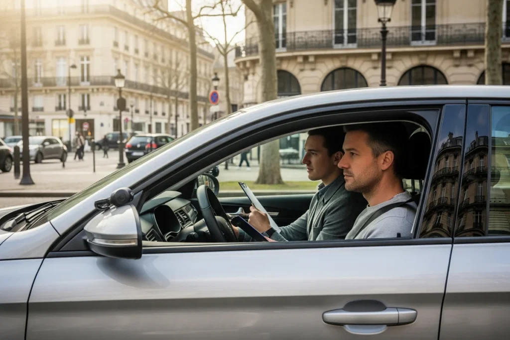 Candidat au permis et examinateur dans une voiture lors de l examen pratique du permis de conduire