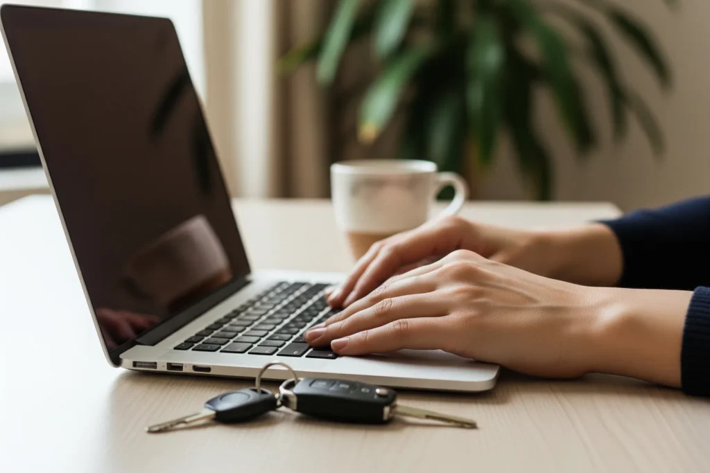 France Connect point permis, mains sur le clavier d'un ordinateur portable avec des cles de voiture posees sur le bureau