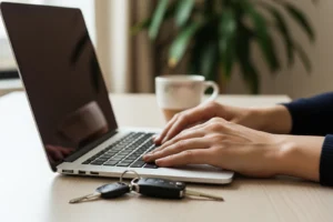 France Connect point permis, mains sur le clavier d'un ordinateur portable avec des cles de voiture posees sur le bureau