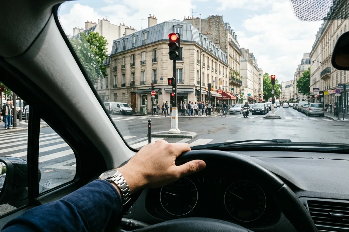 Vue depuis l'habitacle sur un carrefour avec feu rouge, situation évaluée à l'examen du permis