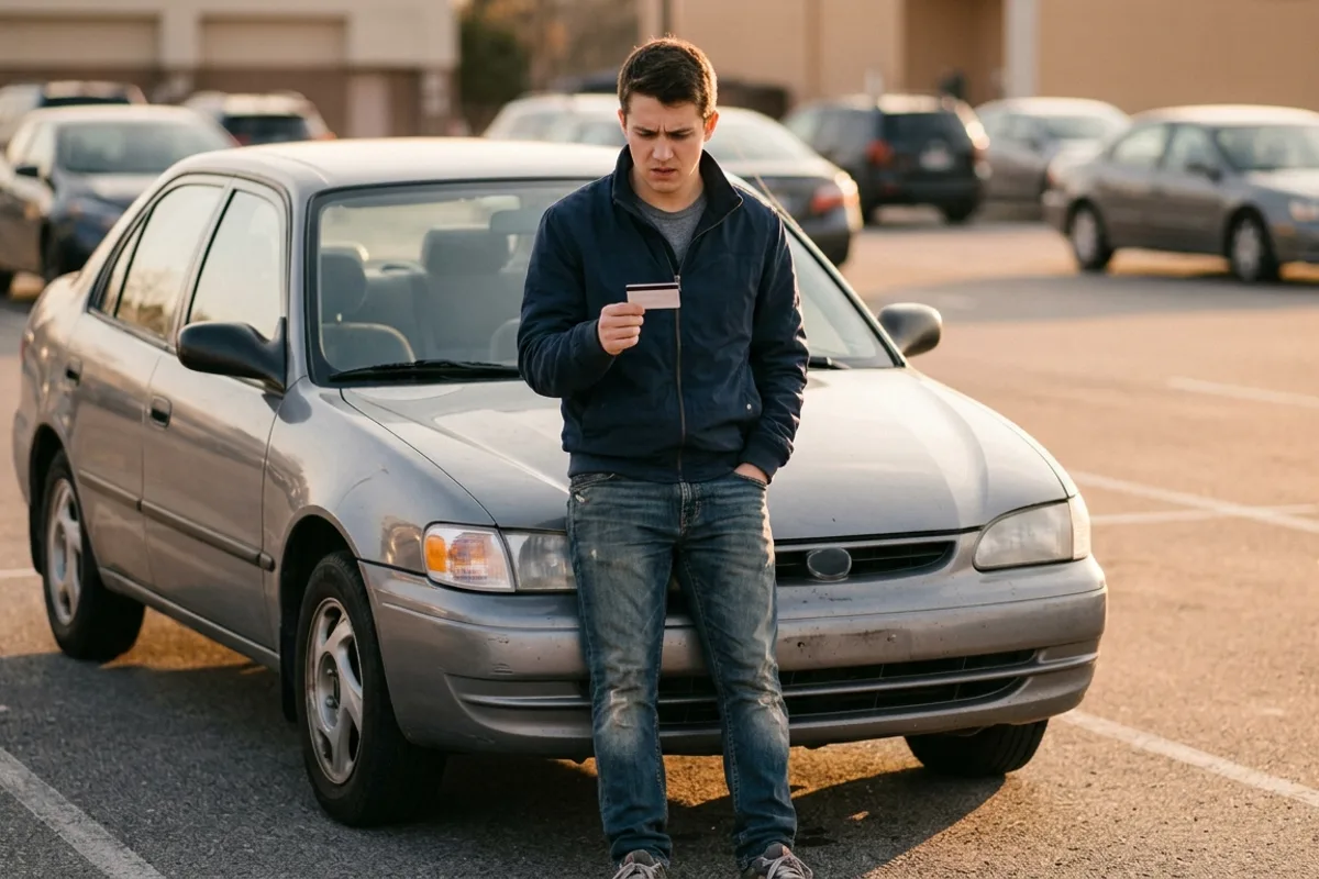 jeune conducteur inquiet tenant son permis de conduire après une infraction téléphone au volant