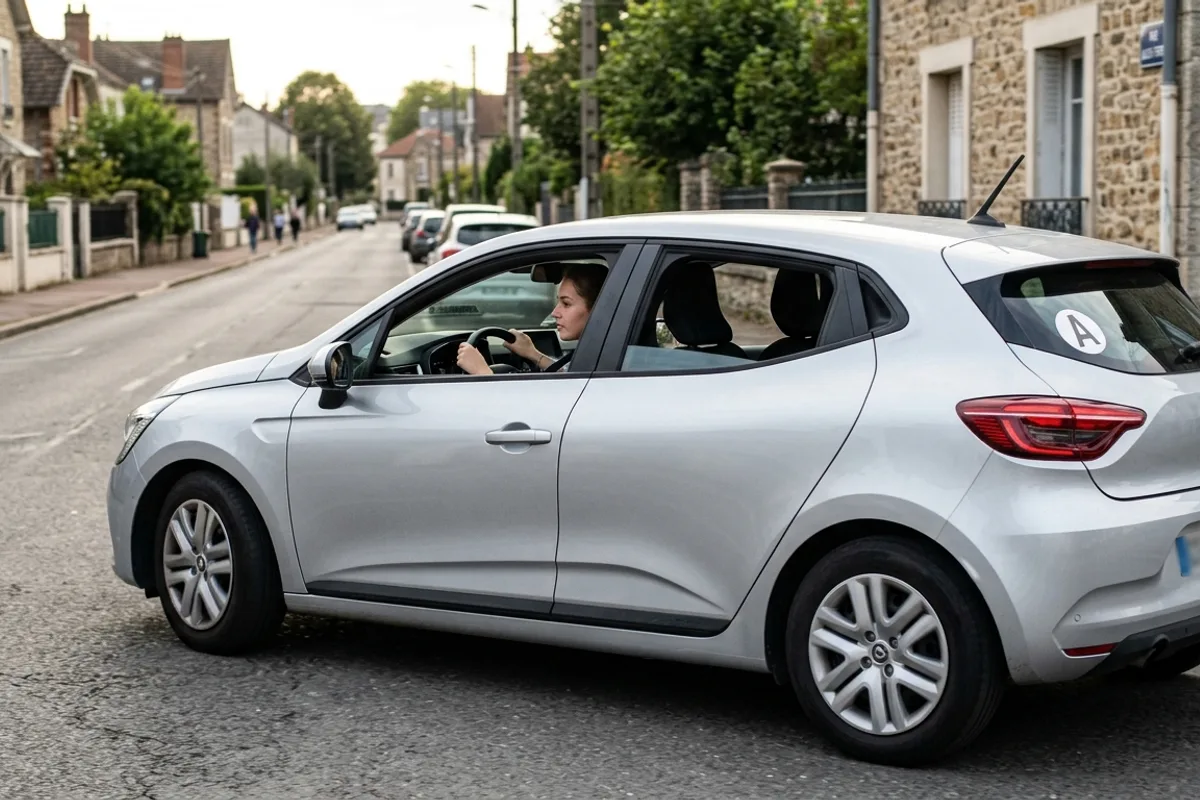 Jeune conductrice au volant, disque A a l'arriere, permis probatoire