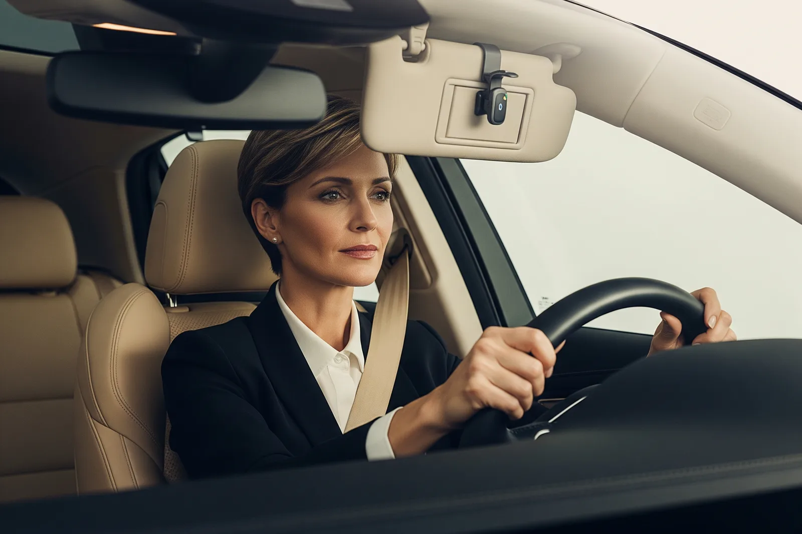 Conductrice les mains sur le volant avec un kit mains libres Bluetooth clip visible sur le pare-soleil, intérieur voiture