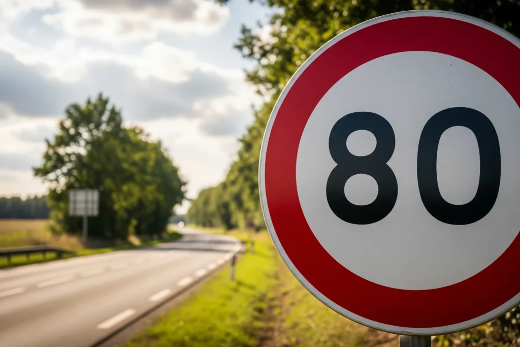 Panneau de limitation de vitesse à 80 km/h au bord d'une route départementale de campagne