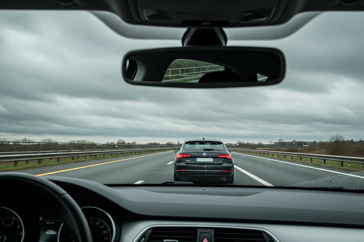 Vue depuis l'habitacle d'une voiture sur autoroute, la voiture précédente est trop proche, illustrant le non-respect des distances de sécurité