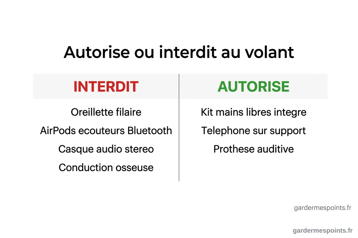 Tableau récapitulatif des dispositifs audio interdits et autorisés au volant : oreillette filaire, AirPods, kit mains libres