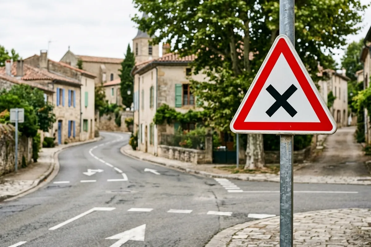 Panneau AB1 triangulaire à bordure rouge et croix noire signalant une intersection à priorité à droite