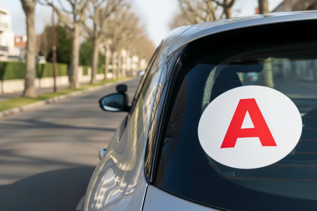 Disque A réglementaire apposé sur la lunette arrière d'une voiture en période de permis probatoire