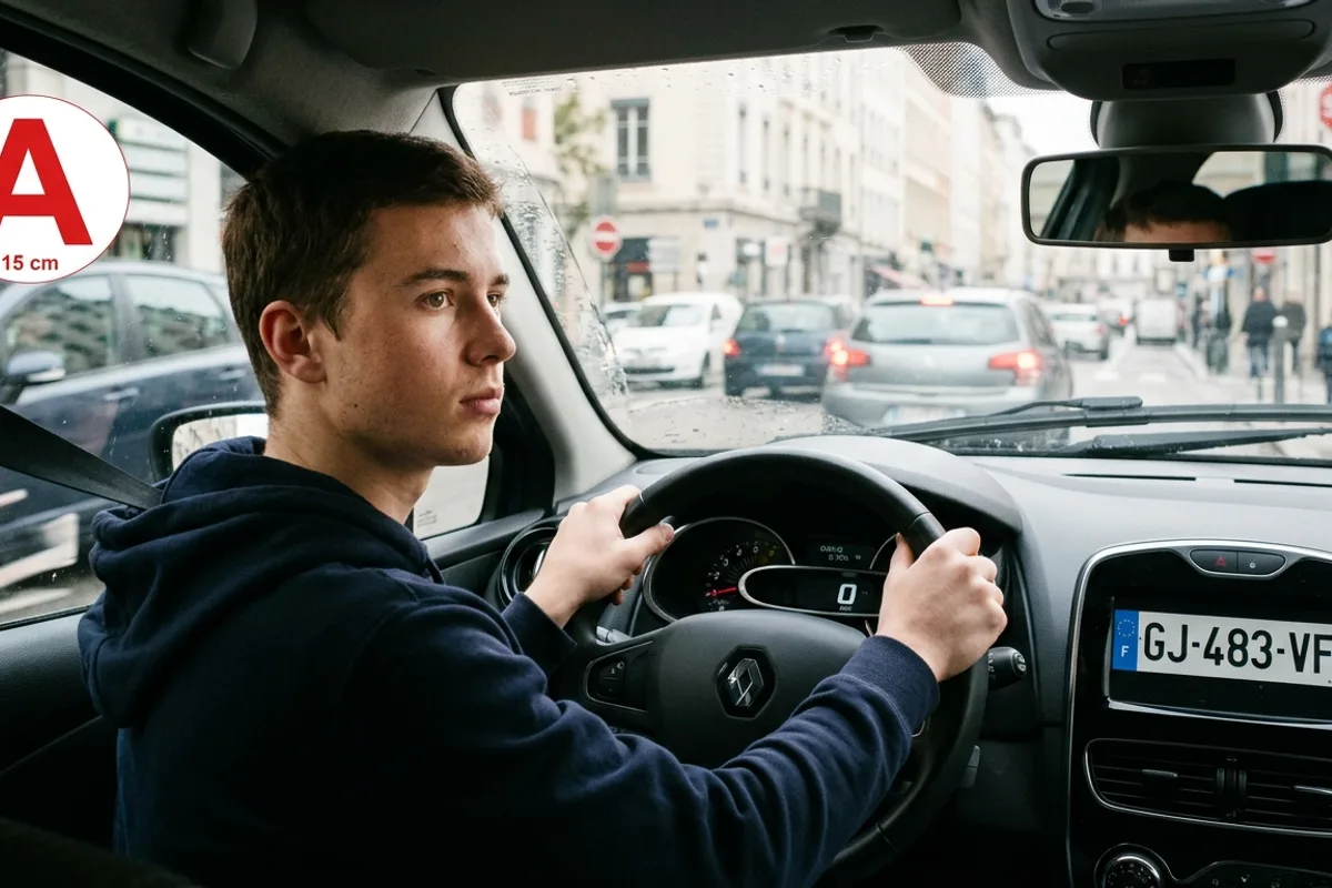 Jeune conducteur en permis probatoire avec autocollant A au volant en ville