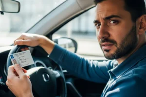 Conducteur tenant son permis de conduire avec une expression préoccupée
