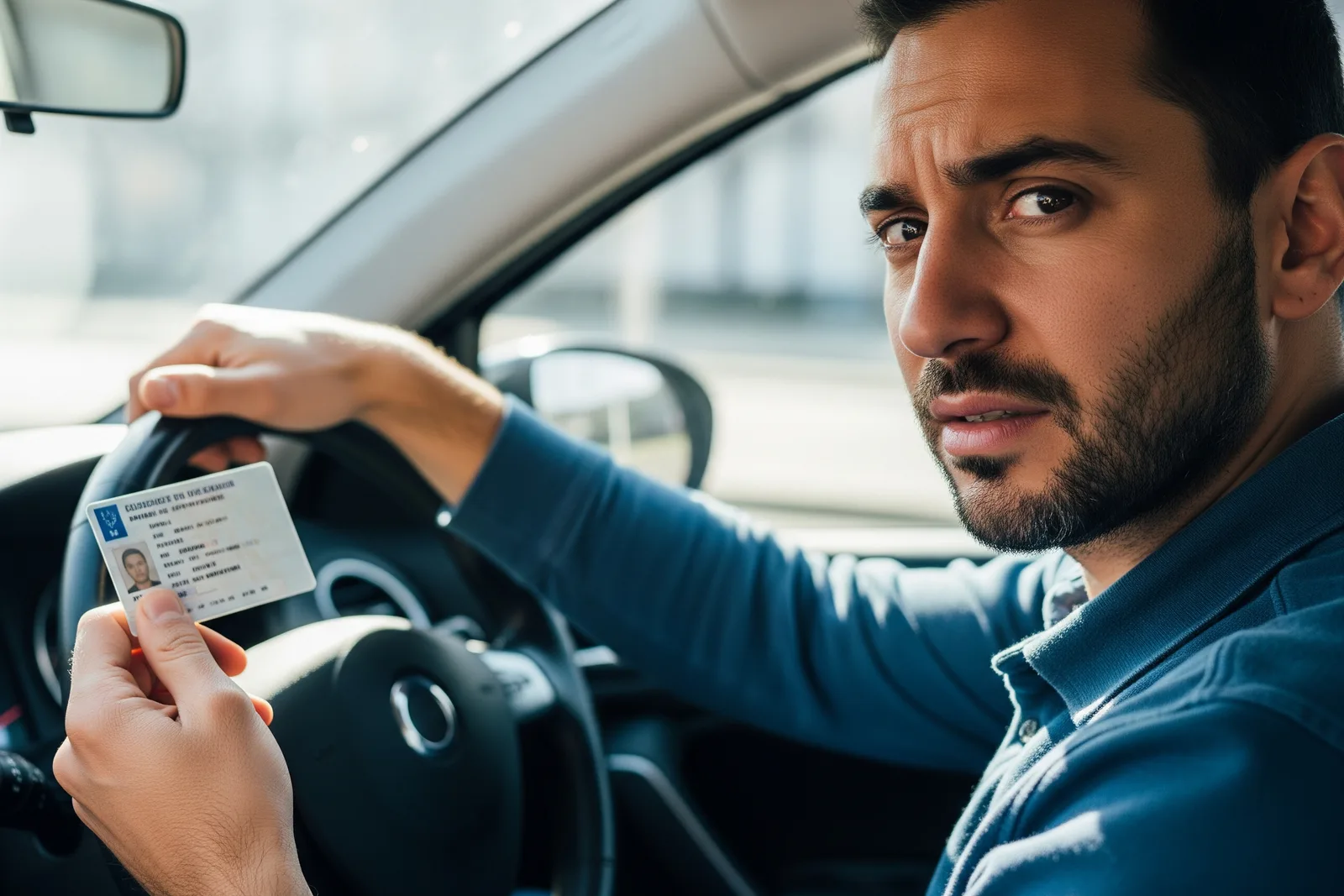 Conducteur tenant son permis de conduire avec une expression préoccupée