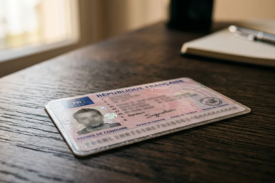 Carte de permis de conduire français posée sur un bureau, illustrant la perte de points suite à une infraction