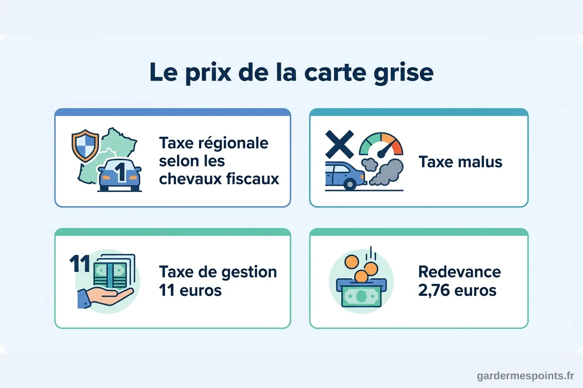 Infographie du prix de la carte grise : taxe regionale, malus, gestion et acheminement