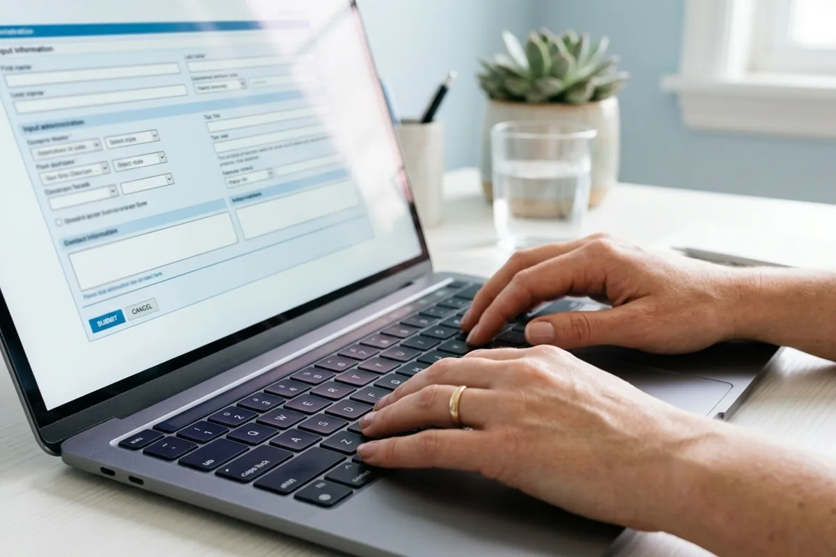 Mains sur un clavier d'ordinateur portable remplissant le formulaire de contestation en ligne sur le portail ANTAI