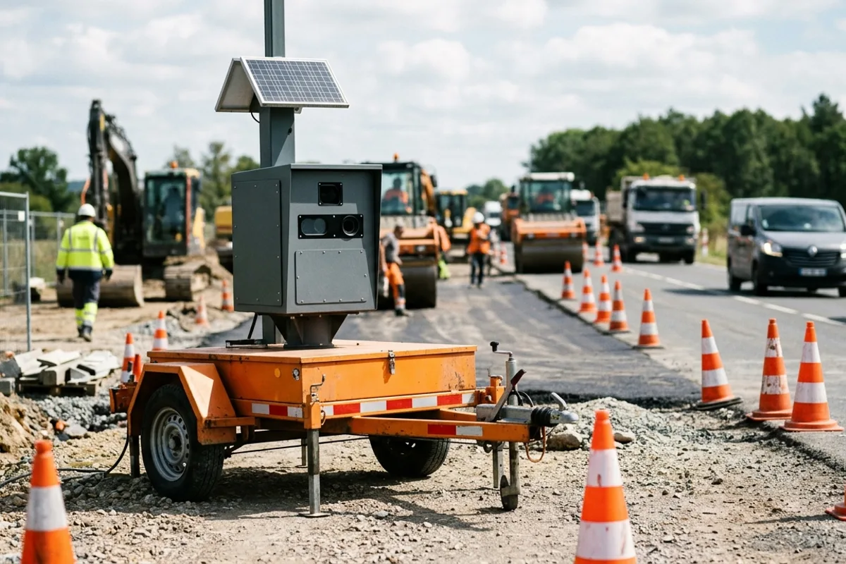 Radar de chantier autonome sur remorque radar de chantier autonome pose dans une zone de travaux routiers