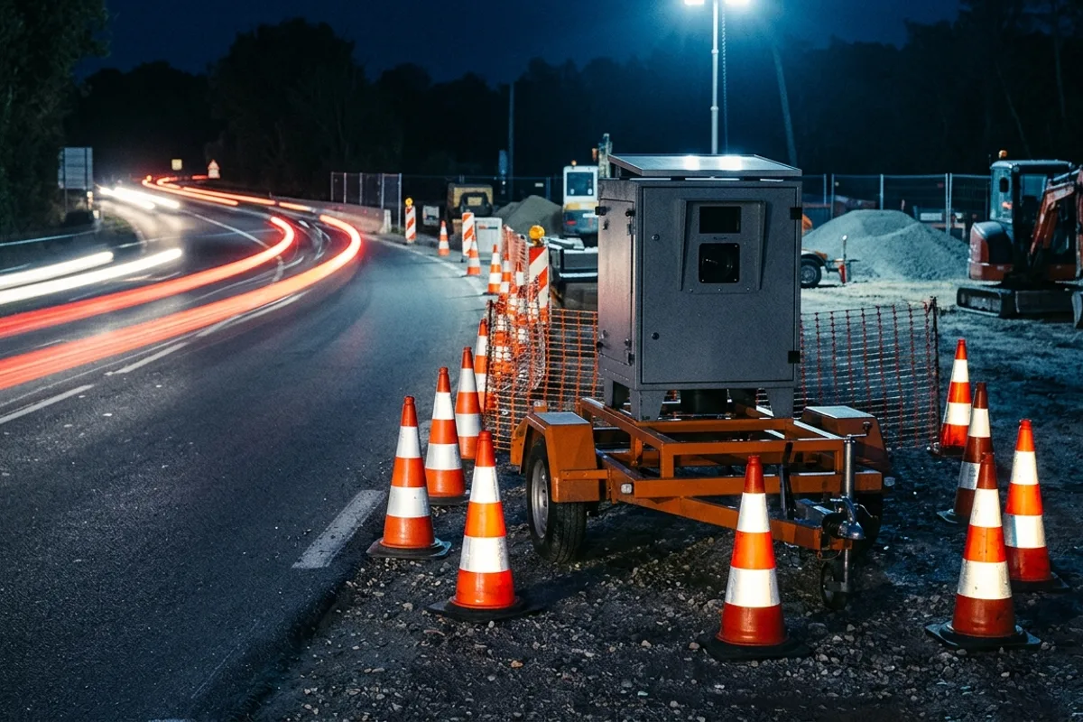Radar de chantier flashant la nuit radar de chantier en fonctionnement la nuit sur une route en travaux