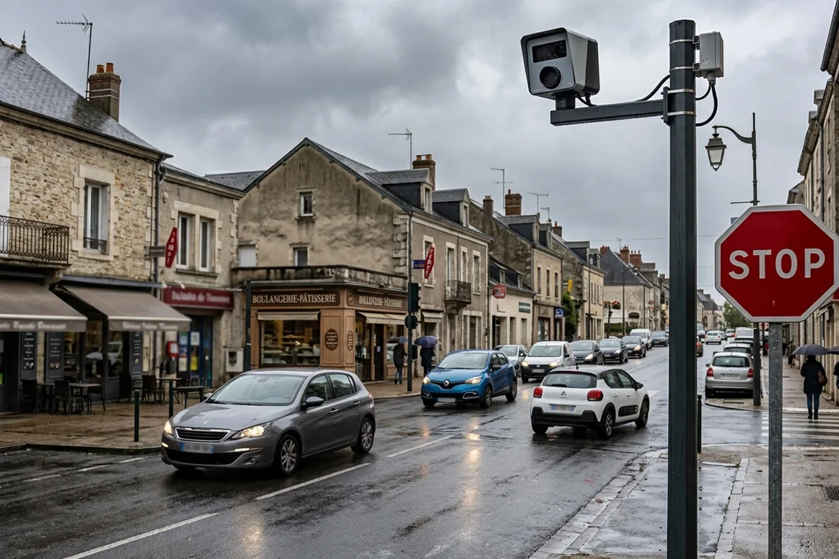 Radar de stop monte sur un mat au-dessus d'une intersection avec panneau STOP en ville