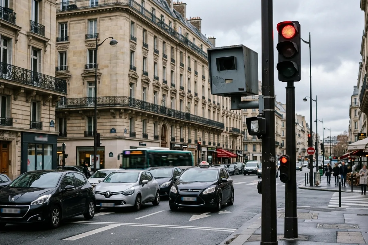 Radar de feu rouge fixe sur un mat a un carrefour urbain