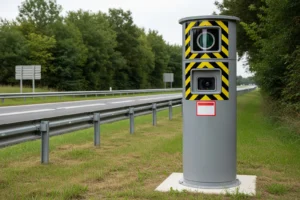 Radar automatique fixe gris au bord d une route, optiques encadrees de bandes jaune et noir