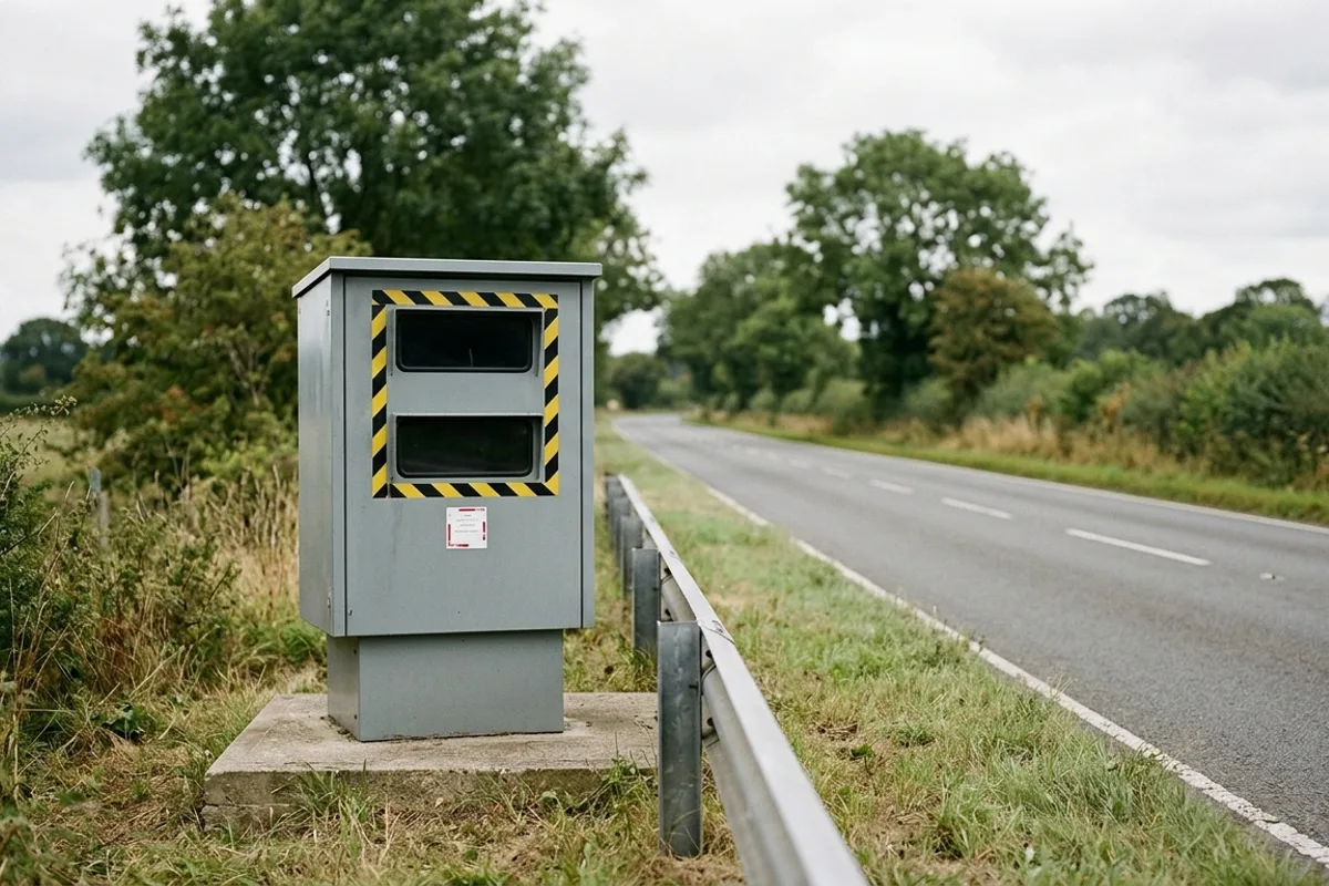 Radar fixe cabine gris avec chevrons jaune et noir au bord d'une route de campagne