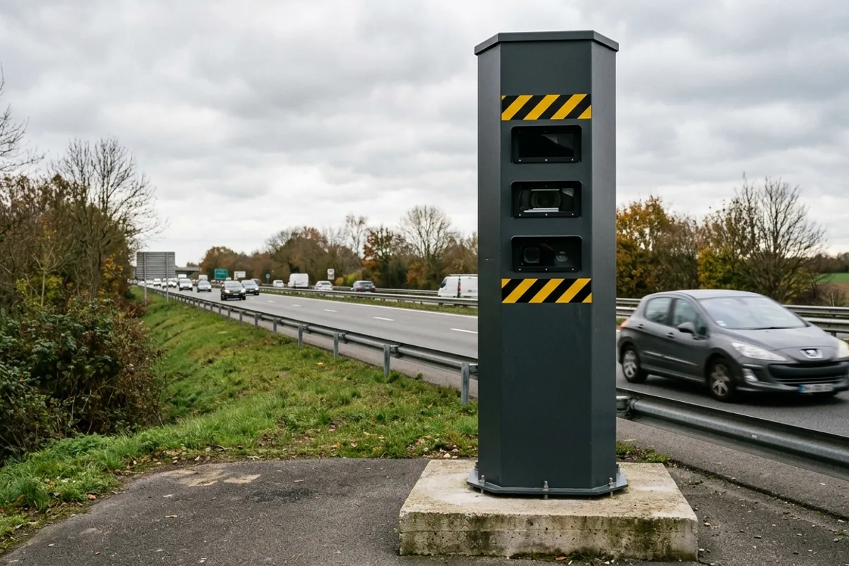 Radar tourelle anthracite avec optiques a chevrons jaune et noir en bord de route