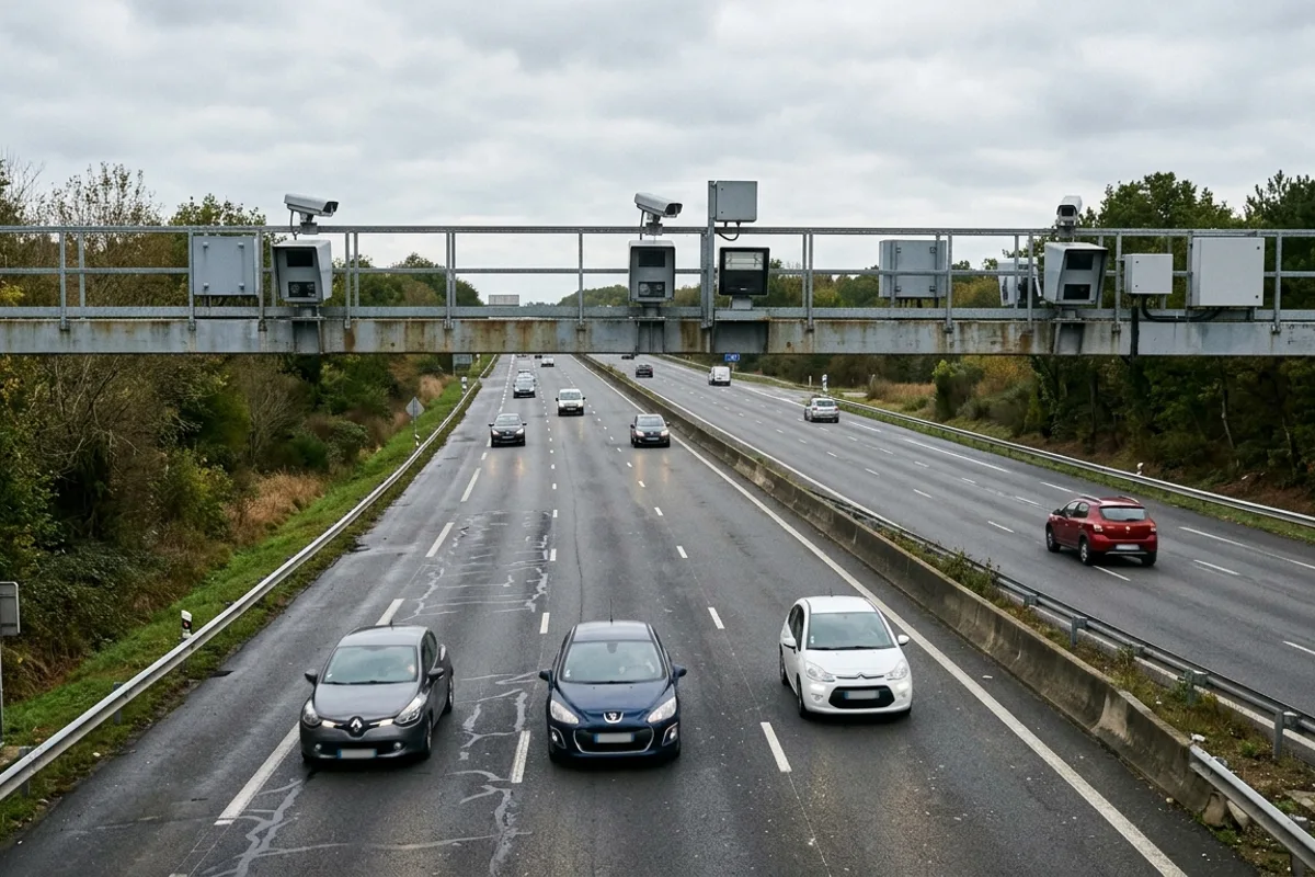 Radar de troncon : cameras sur un portique au-dessus d'une autoroute francaise