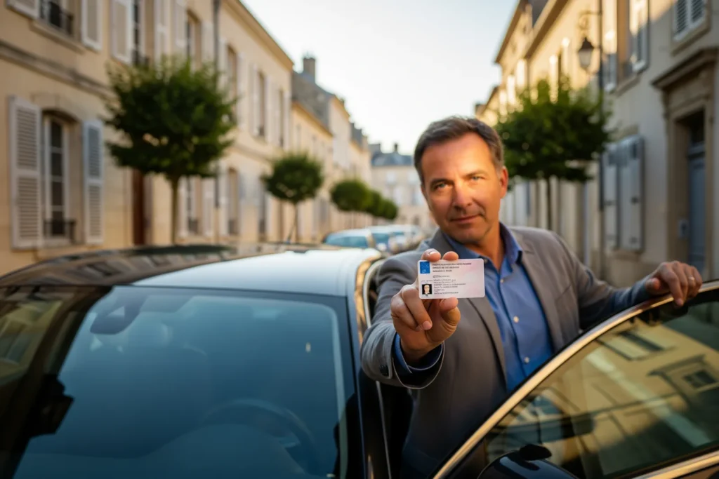 Conducteur tenant son permis de conduire à côté de son véhicule pour vérifier ses points