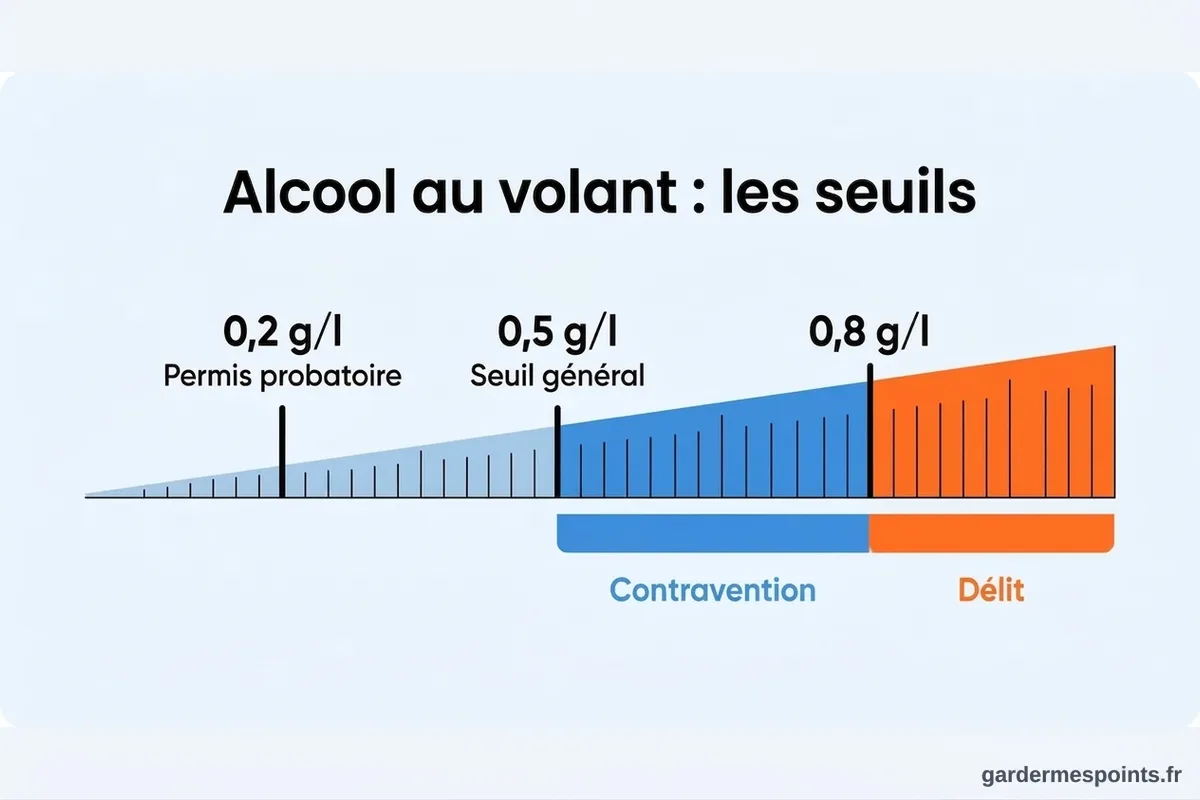 Jauge des seuils d'alcoolémie : 0,2 g/l probatoire, 0,5 g/l général, 0,8 g/l délit
