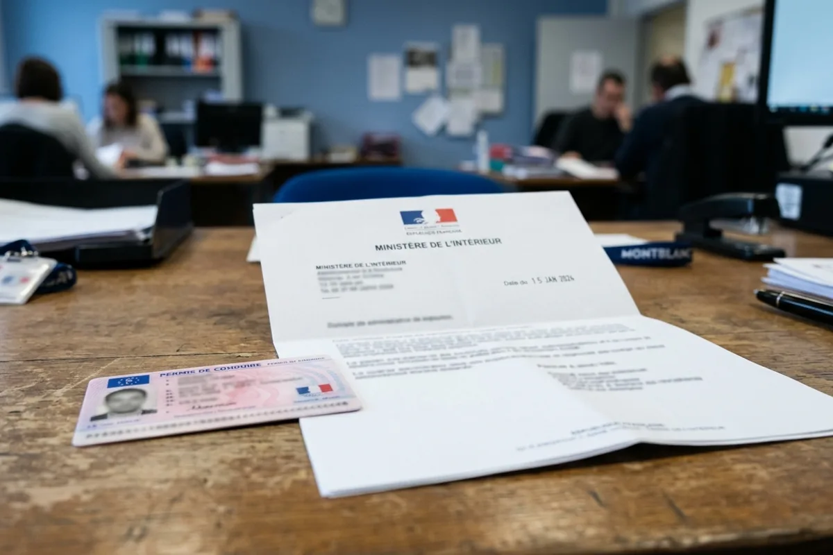 lettre de suspension administrative posée à côté d'un permis de conduire français sur un bureau