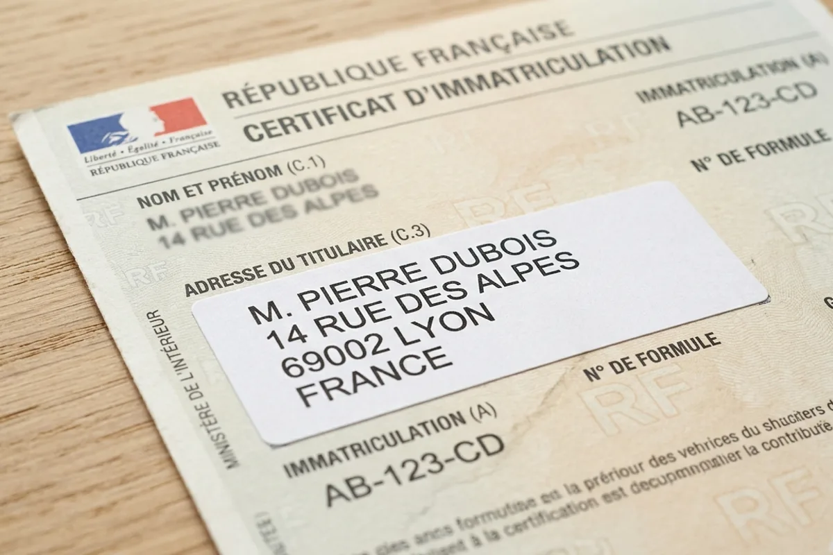 Etiquette autocollante blanche de changement d adresse appliquee sur un certificat d immatriculation francais