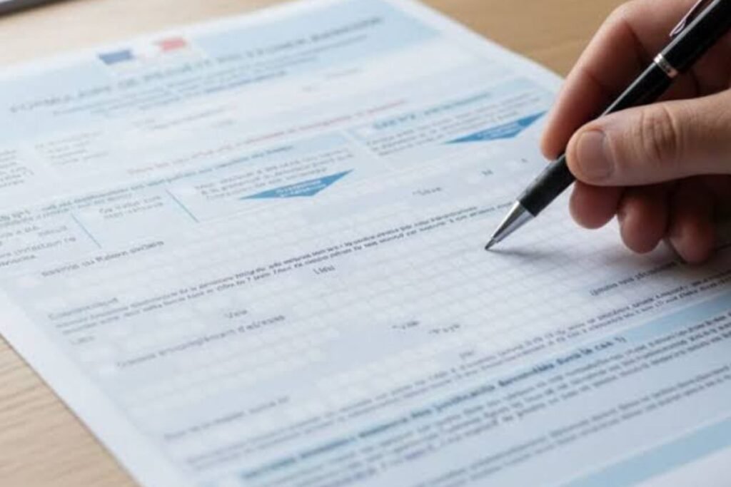 Main remplissant au stylo un formulaire officiel français de contestation d'une contravention