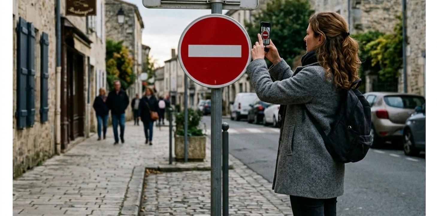 Femme photographiant avec son smartphone un panneau de signalisation sens interdit dans une rue de village pour documenter une contestation d'amende