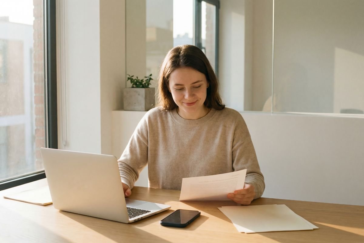 Femme préparant son dossier de contestation à son bureau avec un ordinateur portable et un courrier