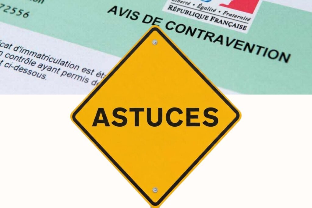Panneau jaune ASTUCES devant un avis de contravention français, pour réussir la contestation d'une amende