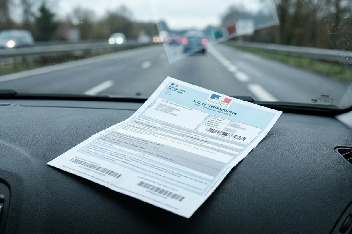 Avis de contravention pour non-respect de la distance de sécurité posé sur un tableau de bord, route française