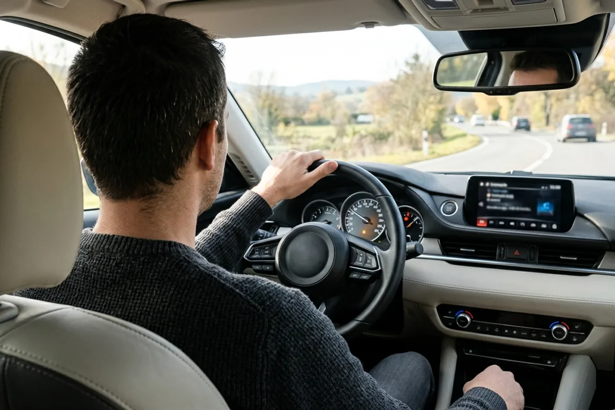 Conducteur de dos dans l'habitacle d'une voiture, main sur le volant, compteur de vitesse visible au tableau de bord