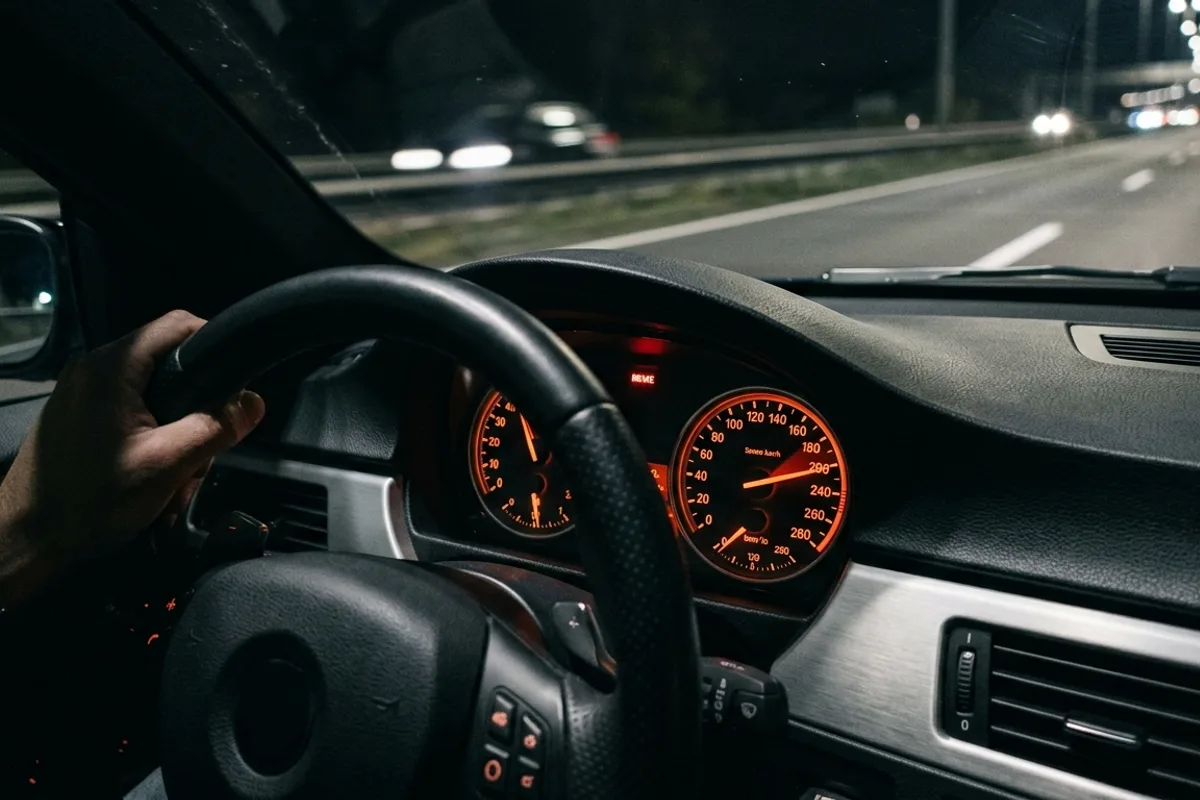 Tableau de bord d'une voiture avec le compteur de vitesse en zone de dépassement