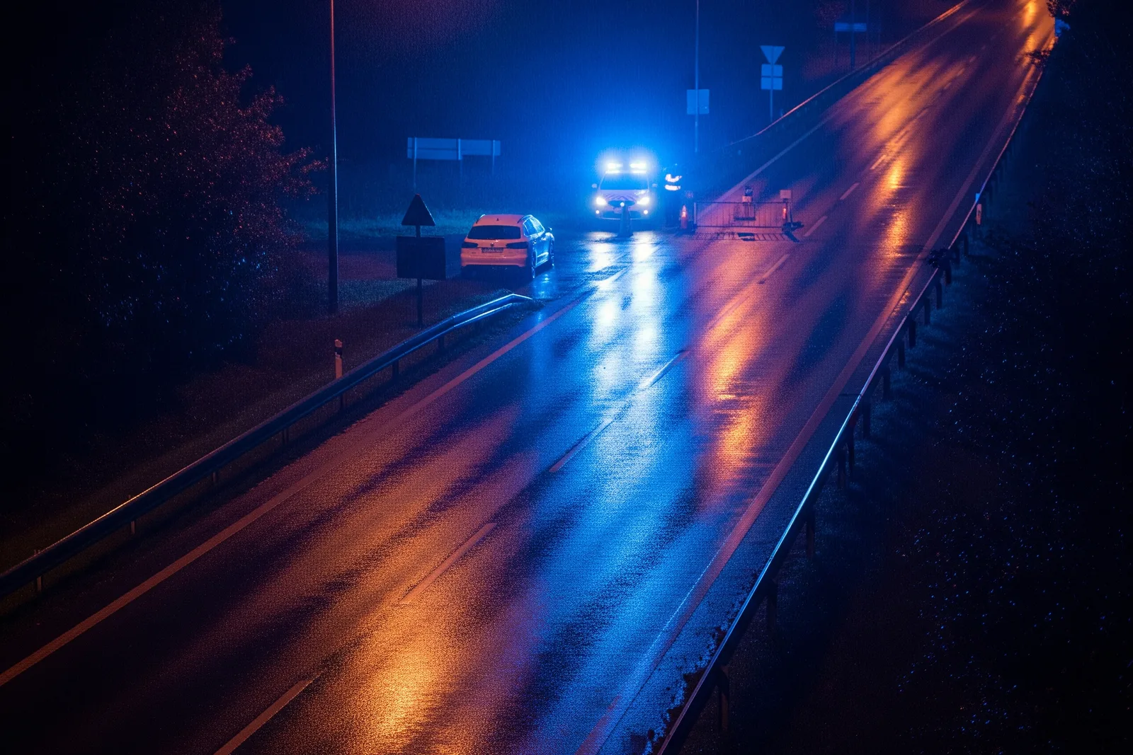 Conduite dangereuse : contrôle de gendarmerie de nuit, gyrophares bleus sur une route mouillée