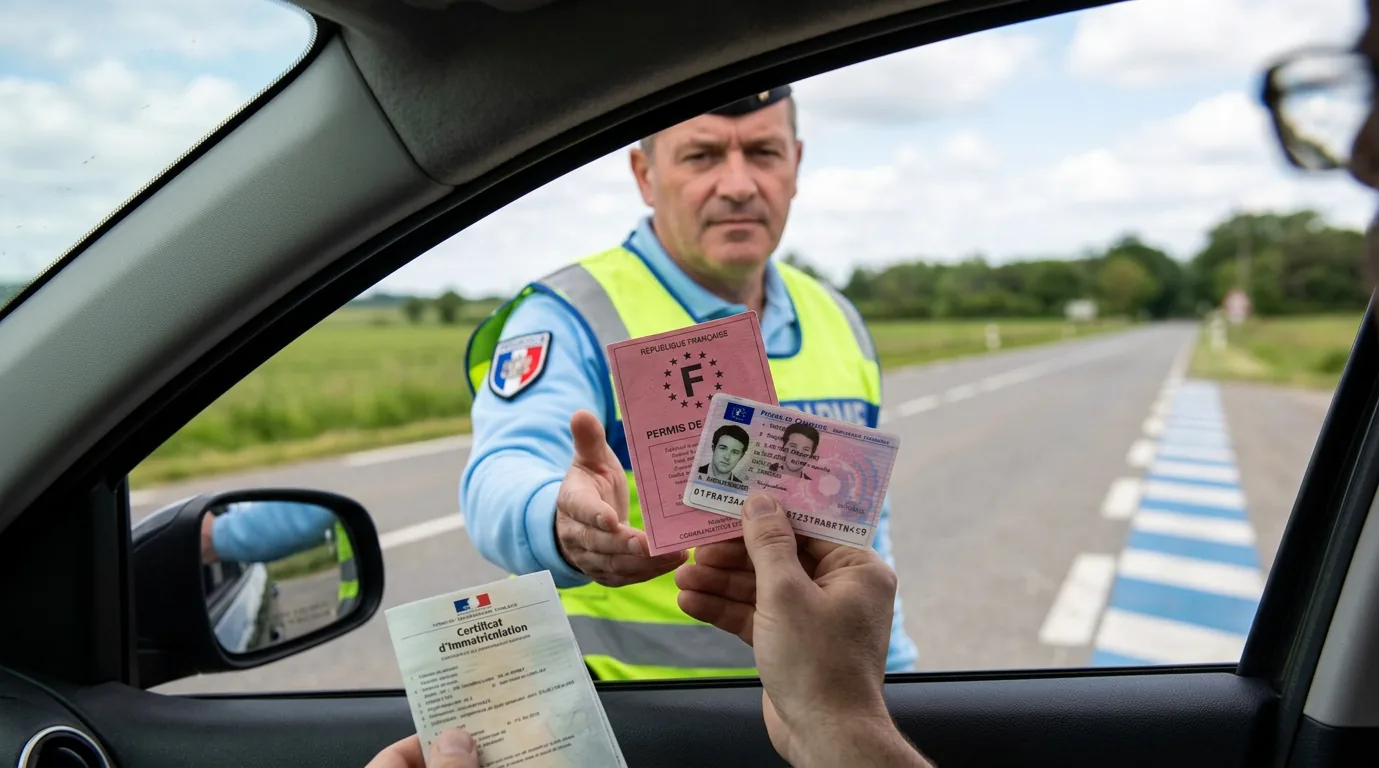 Contrôle routier et vérification des papiers Agent contrôlant un automobiliste et lui demandant ses papiers lors d'un contrôle routier