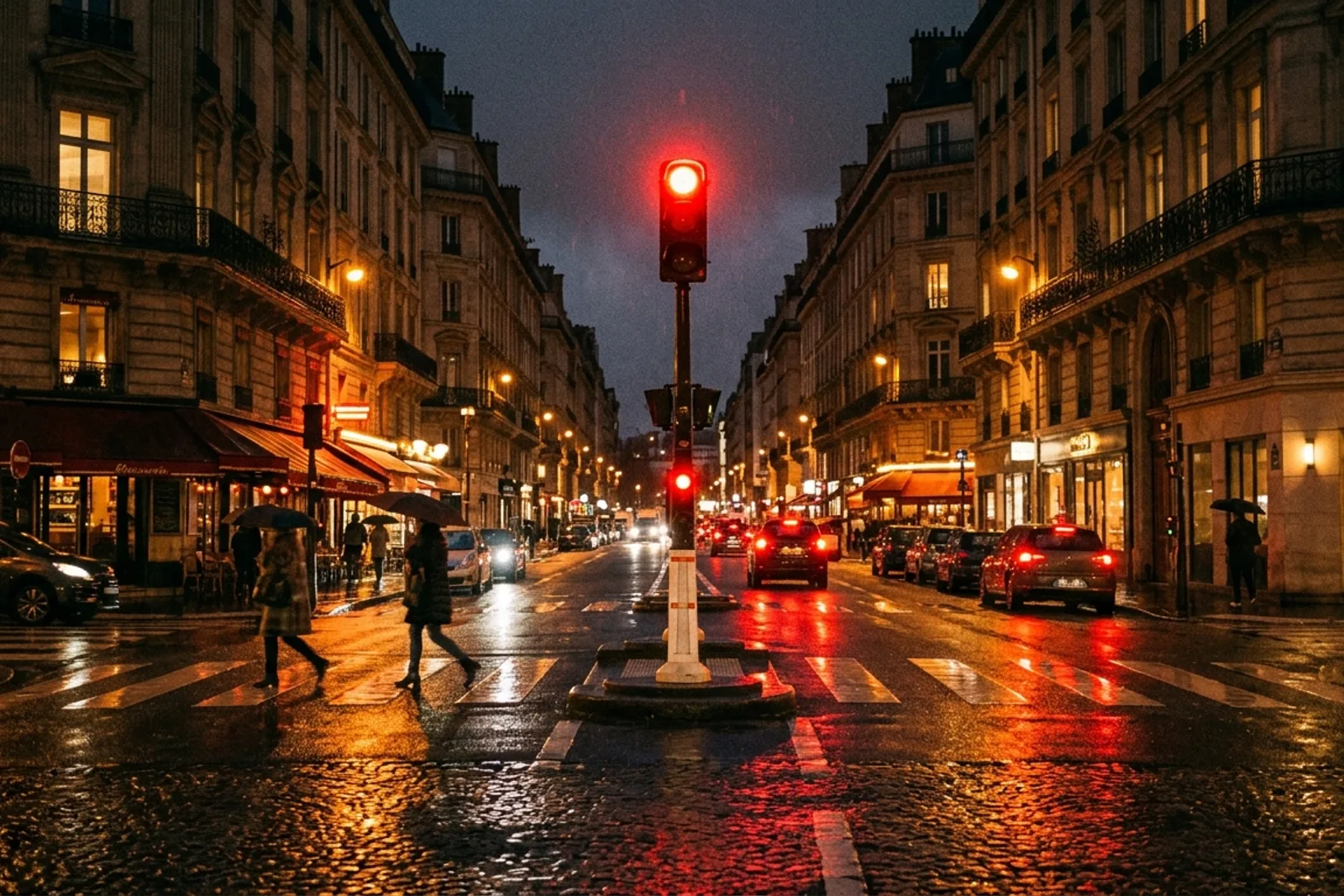 Feu rouge illuminé dans un carrefour urbain de nuit - contester une amende feu rouge