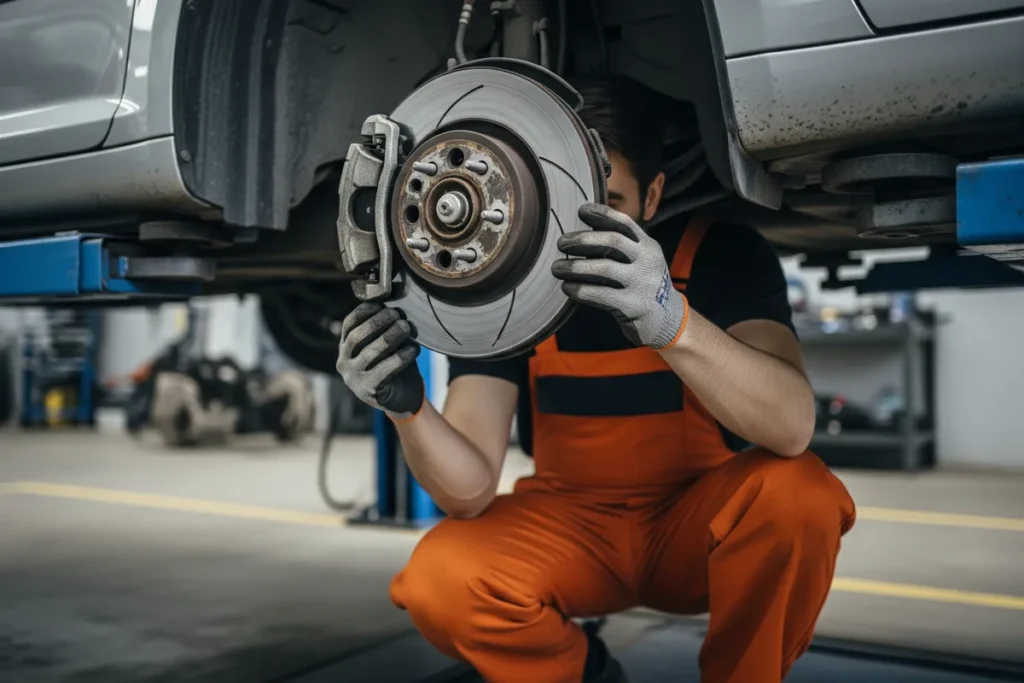 Technicien en combinaison orange inspectant les disques de frein d'une voiture surélevée lors d'une contre-visite au contrôle technique