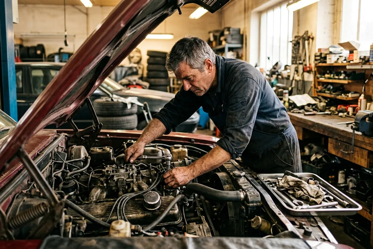Réparation d'un véhicule au garage avant la contre-visite Mécanicien penché sur le moteur d'une voiture, capot ouvert, dans un garage de réparation