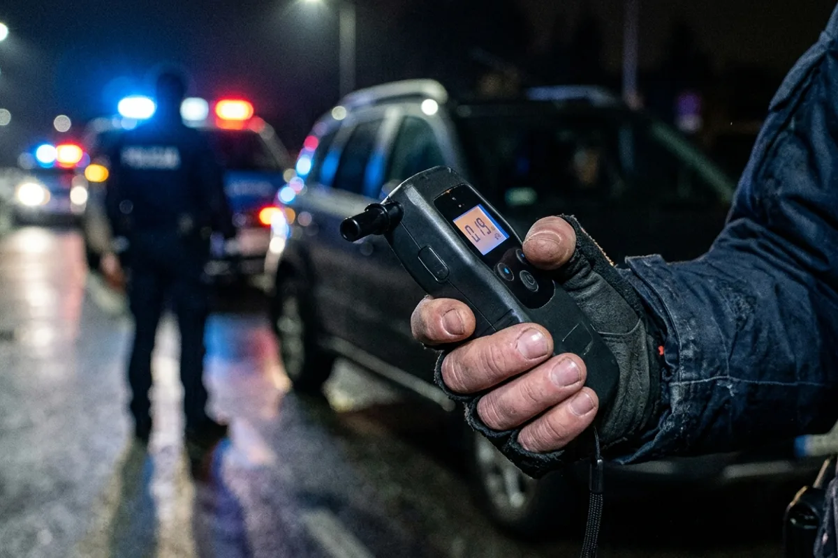 Main tenant un éthylotest électronique lors d'un contrôle d'alcoolémie de nuit