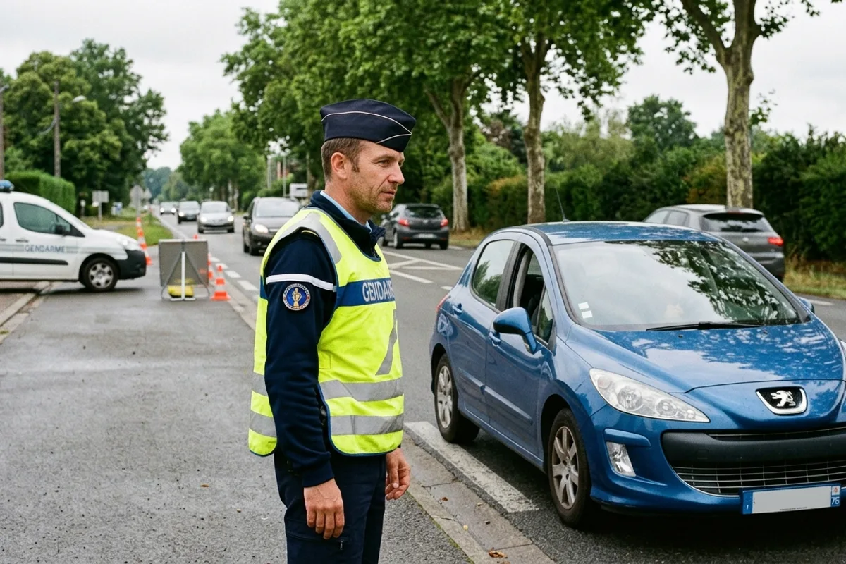 Gendarme en uniforme effectuant un contrôle routier sans masque à côté d'une Peugeot bleue sur une route nationale française