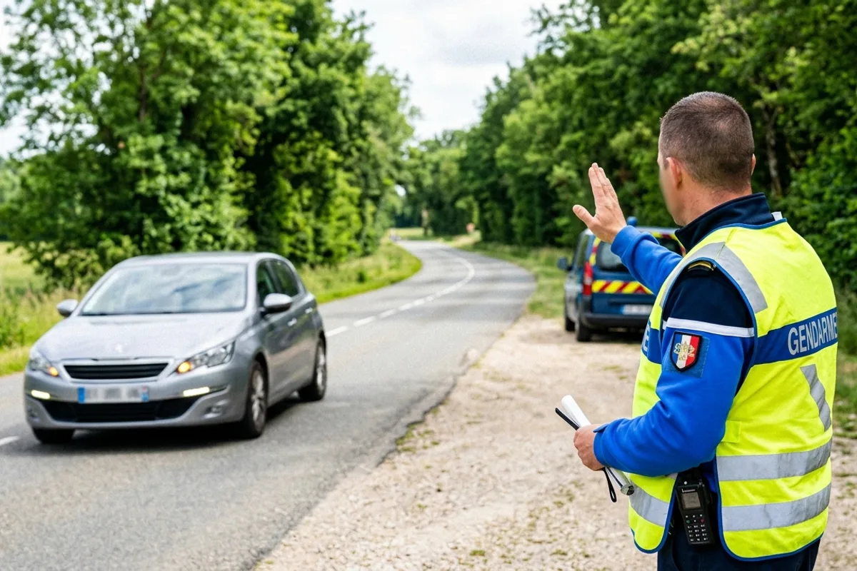 Gendarme en gilet fluo faisant signe à une voiture de s'arrêter lors d'un contrôle routier