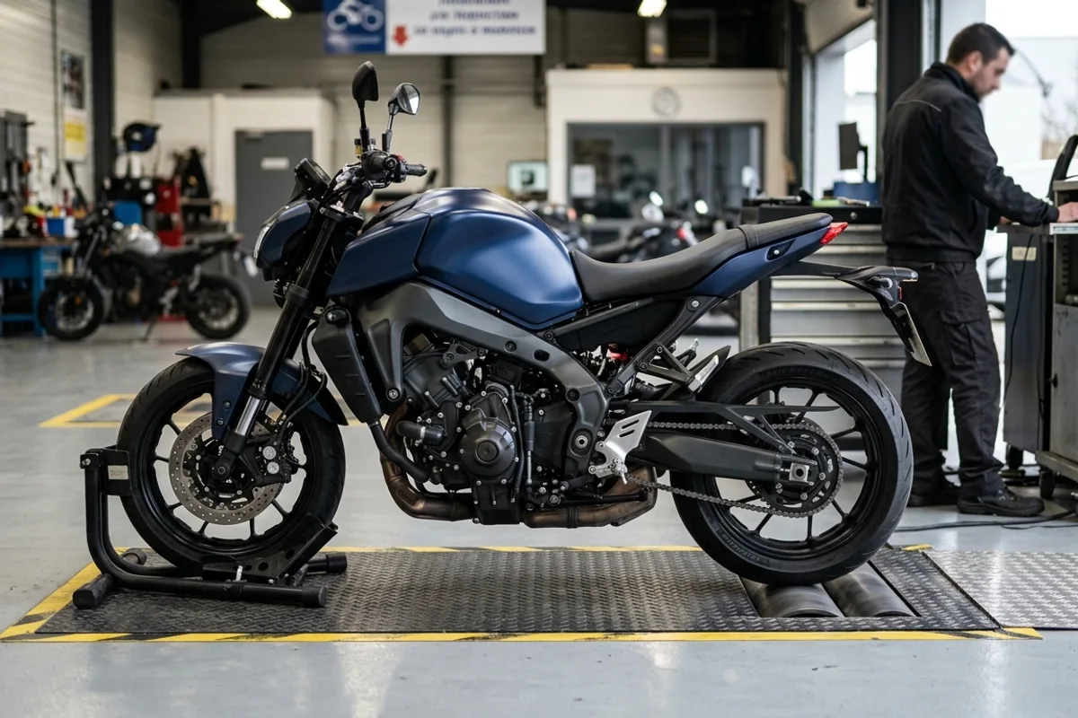 Moto sur un banc de freinage en centre de contrôle technique Roadster bleu nuit positionné sur un banc de contrôle de freinage deux-roues en atelier