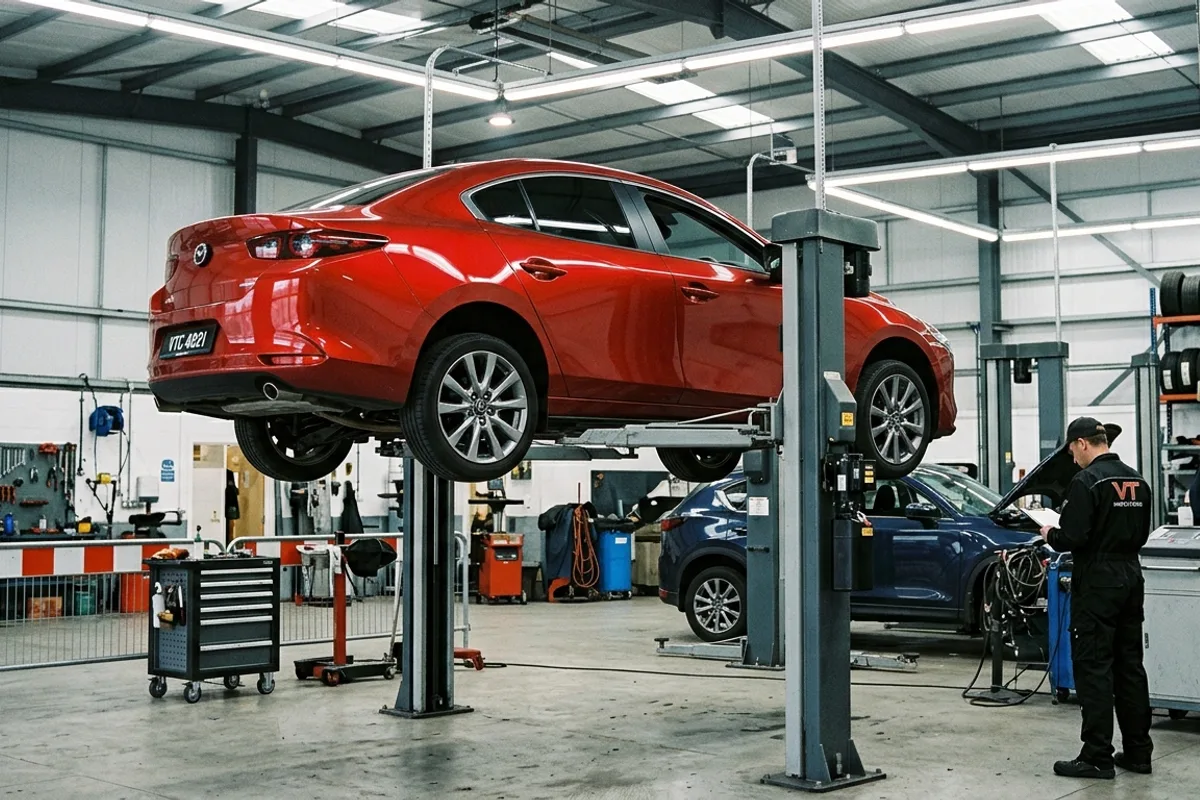 Voiture rouge sur pont elevateur dans un atelier de controle technique, technicien en arriere-plan