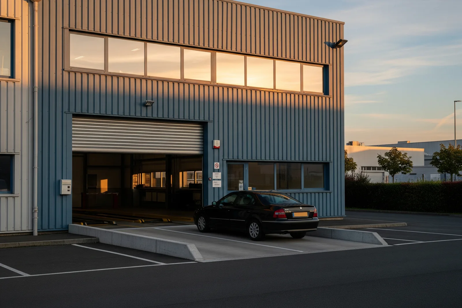 Centre de controle technique agree, voiture noire garee devant l'entree industrielle, lumiere de coucher de soleil